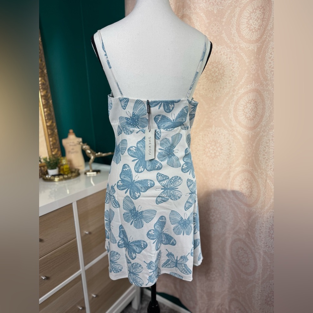 Shekou Butterfly Effect NWT 100% Satin Y2K Inspired Blue White Slip Dress - Picture 4 of 11